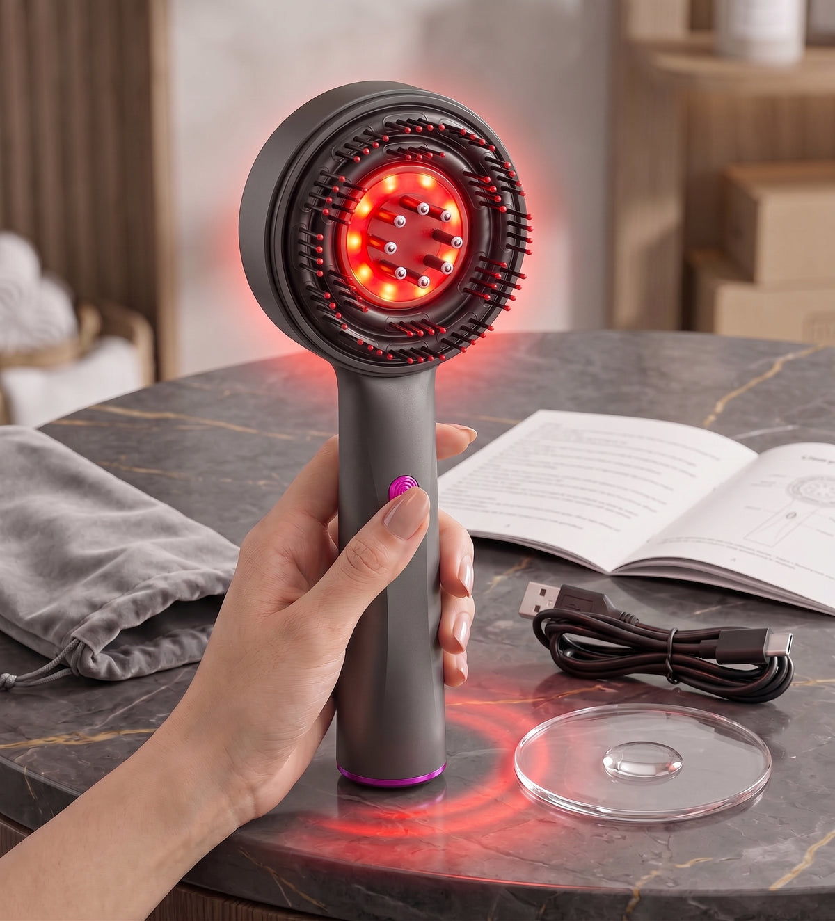 Peigne Masseur Cuir Chevelu Électrique — Vibration & Lumière Apaisante